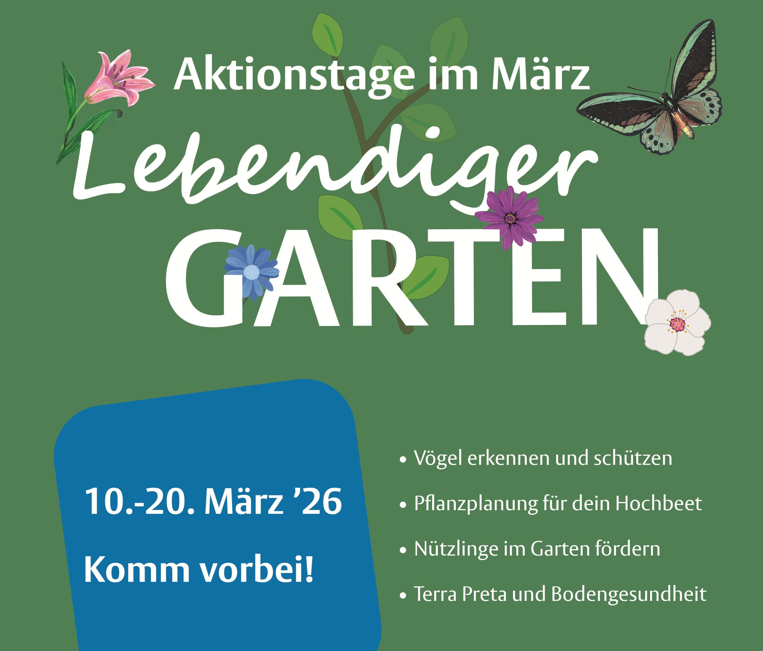 Plakat für die Aktionstage "Lebendiger Garten" mit seinen Terminen.