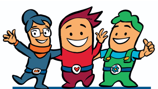 Drei fröhliche Comicfiguren in Blau, Rot und Grün stehen nebeneinander und winken mit erhobenen Armen.